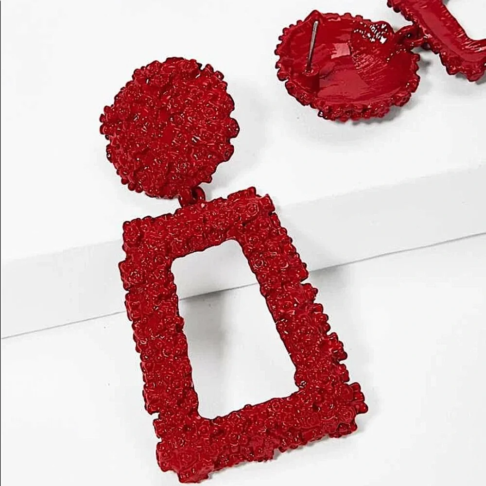 2 FOR $20 Open Rectangular Red Textured Drop Earrings